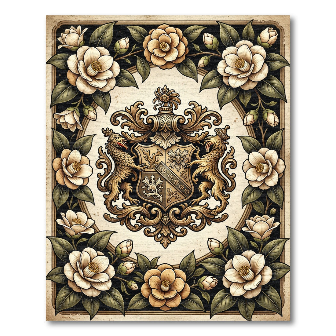 Elegant Gold Crest Camellia Floral Rug
