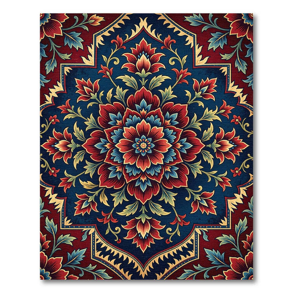 Deep Crimson Blue Floral Medallion Rug