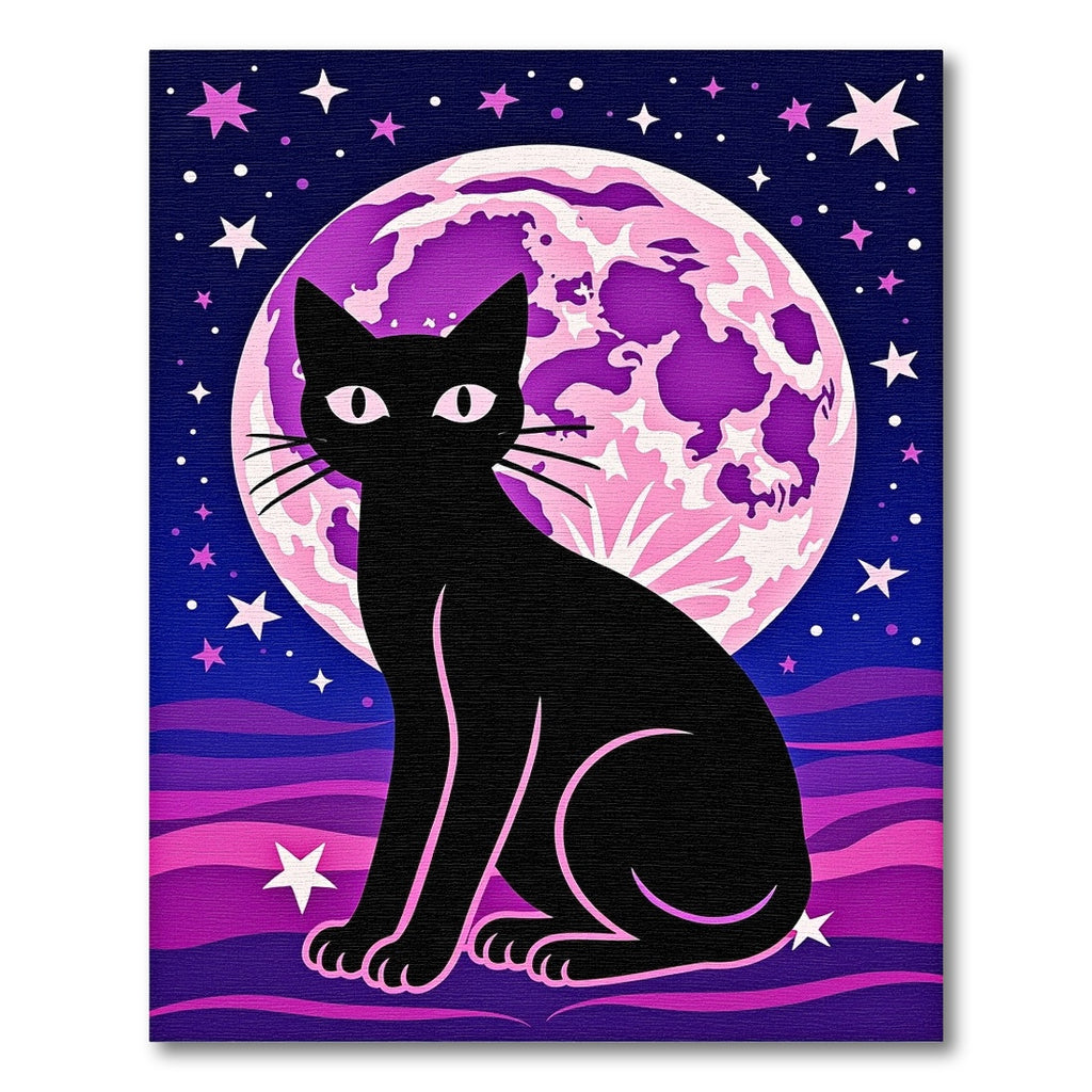 Black Cat Pink Moon Starry Night Rug