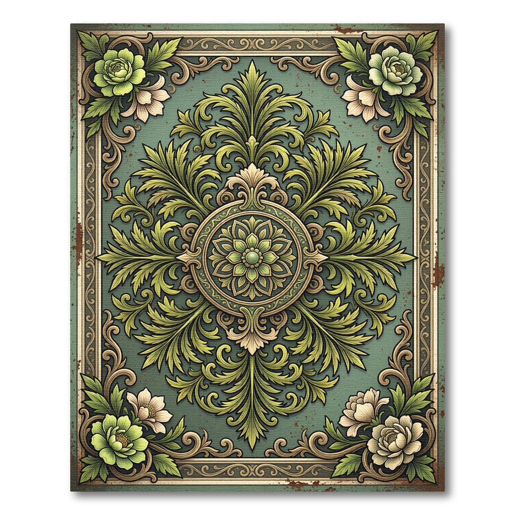 Sage Green Ornamental Foliage Medallion Rug