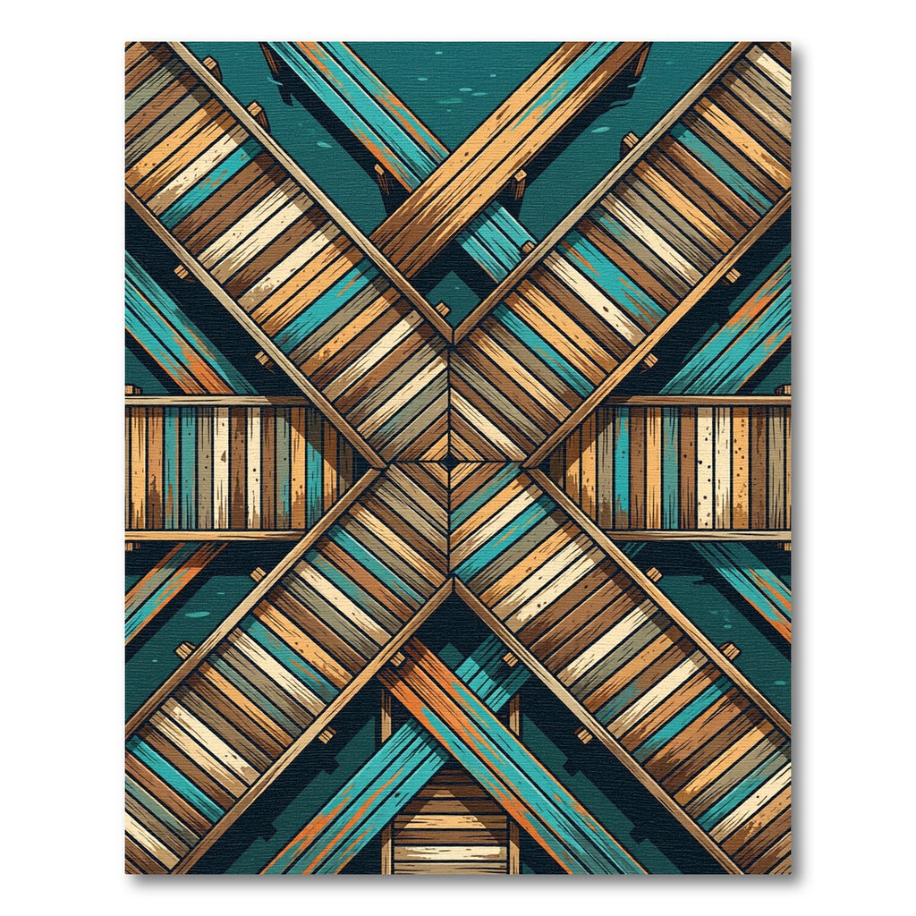 Geometric Teal and Brown Plank Cross Rug