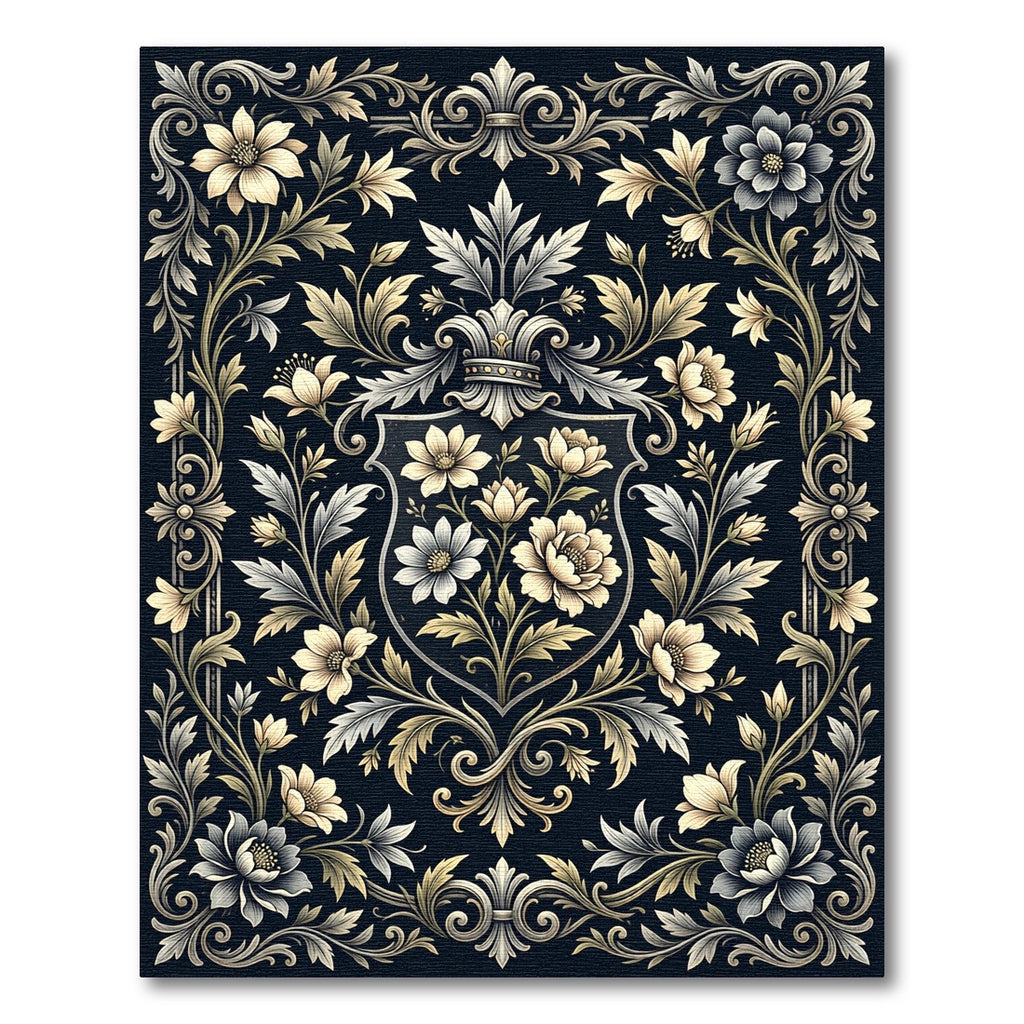 Classic Black Floral Shield Emblem Rug