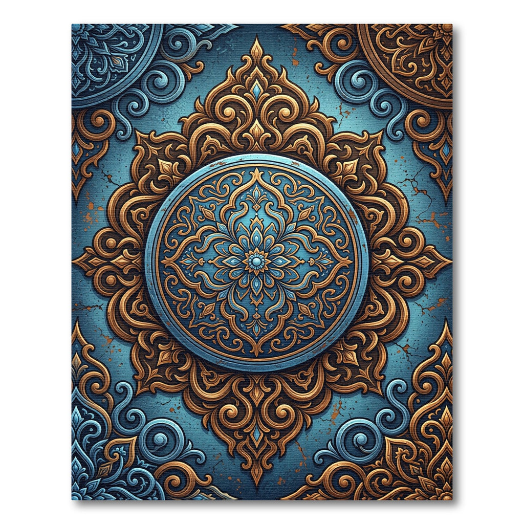 Ornate Teal and Gold Arabesque Medallion Rug
