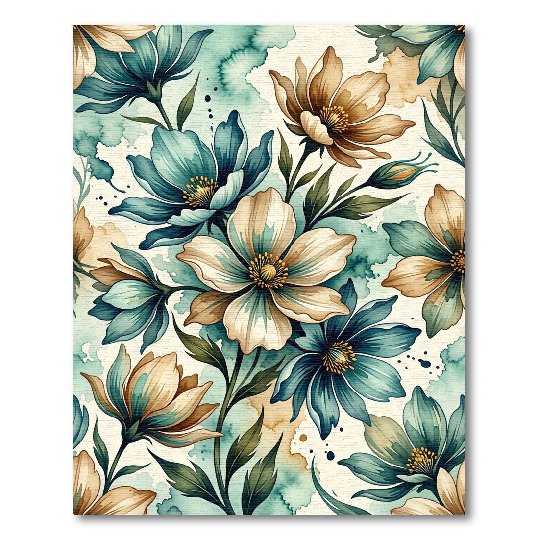 Watercolor Teal and Beige Floral Meadow Rug