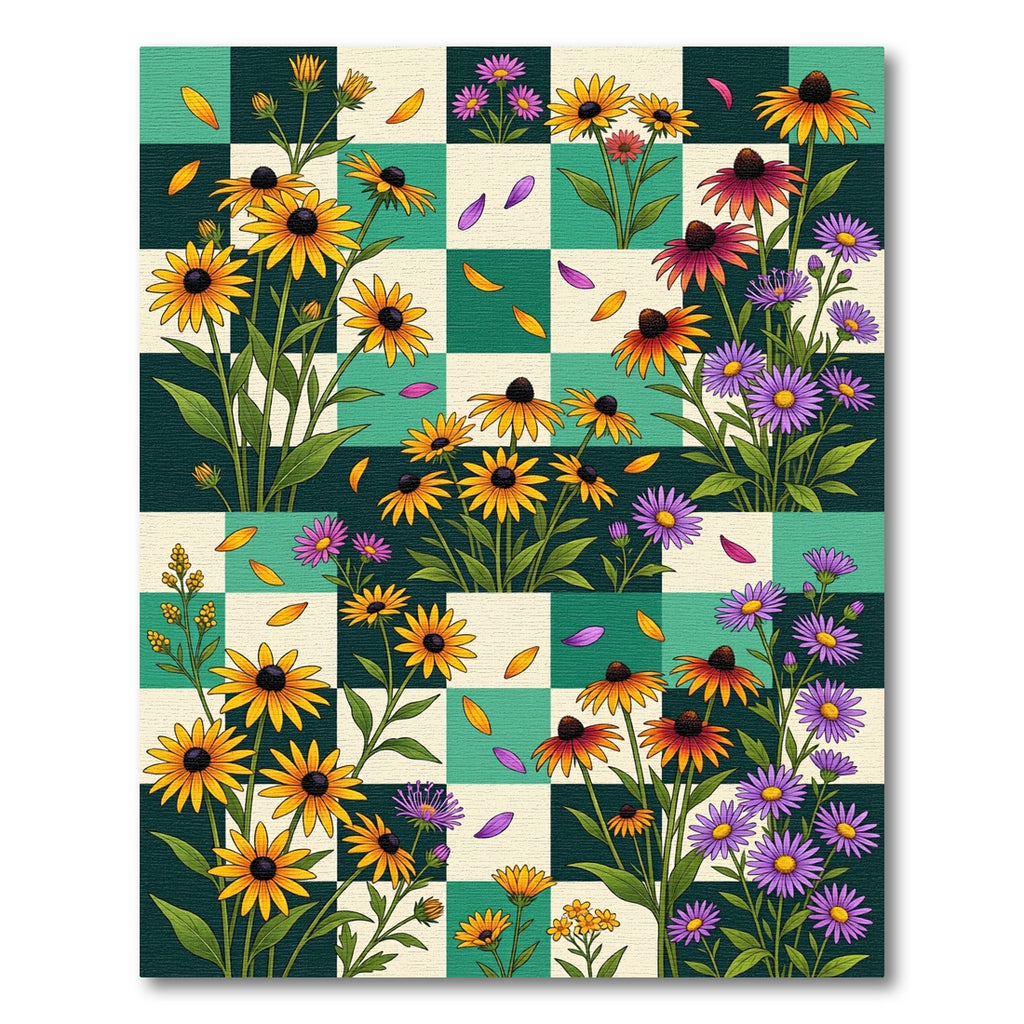Vibrant Checkerboard Wildflower Garden Rug