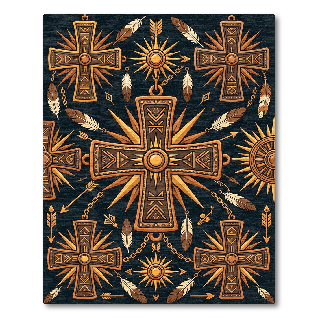 Golden Sun Tribal Crosses Feathers Rug