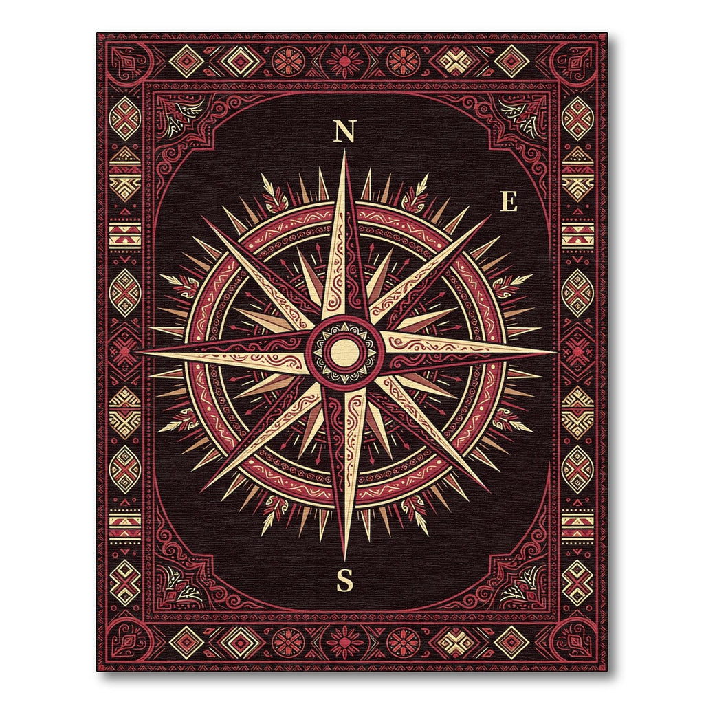 Maroon Gold Compass Rose Emblem Rug