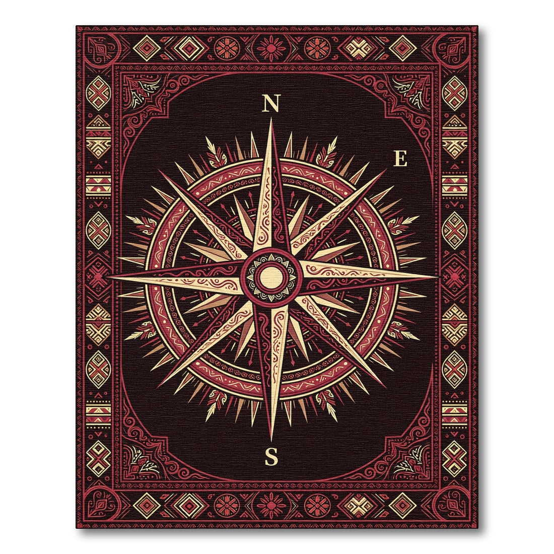 Maroon Gold Compass Rose Emblem Rug