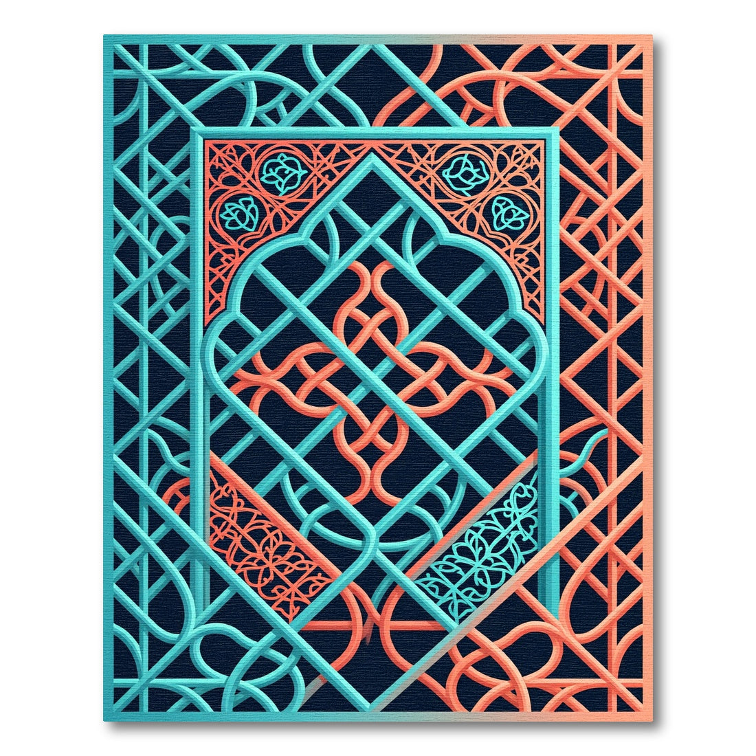 Teal and Coral Geometric Interlocking Lattice Rug
