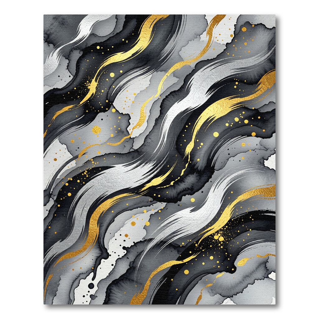 Golden Black Abstract Ink Wave Flow Rug