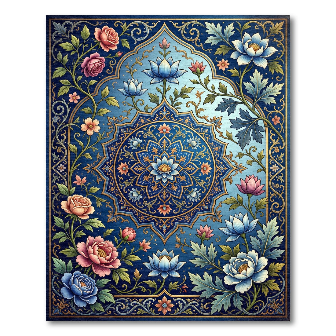 Vibrant Blue Floral Medallion Garden Rug