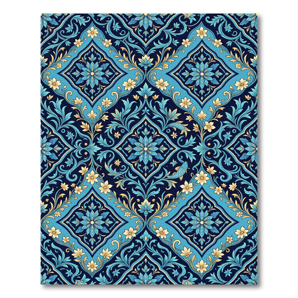 Blue Golden Floral Lattice Fish Rug