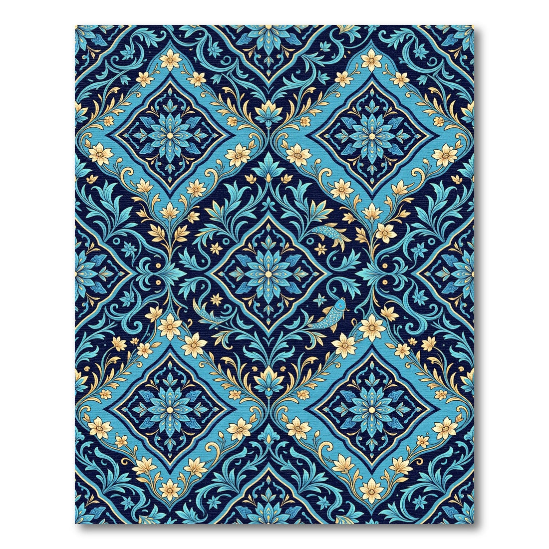 Blue Golden Floral Lattice Fish Rug