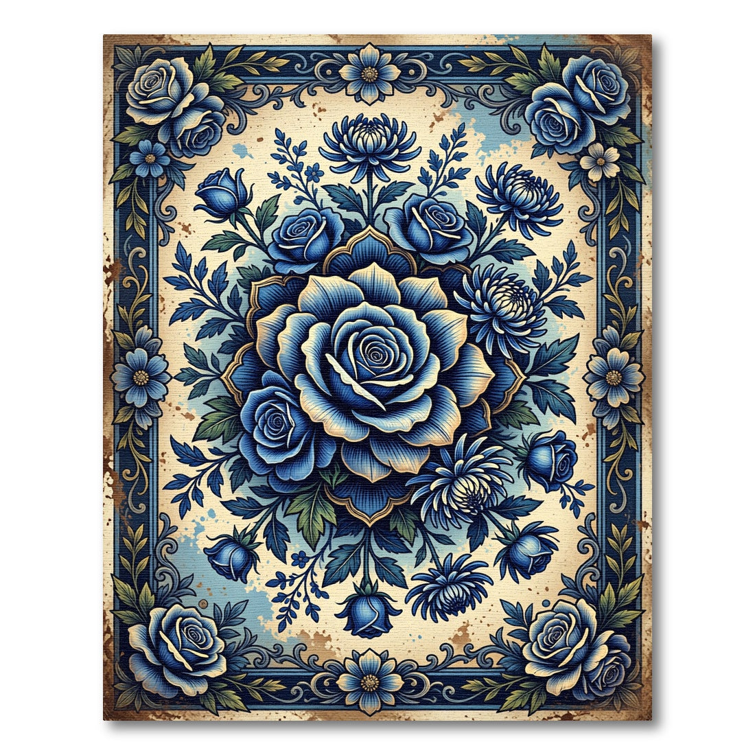 Ornate Blue Rose Botanical Medallion Rug