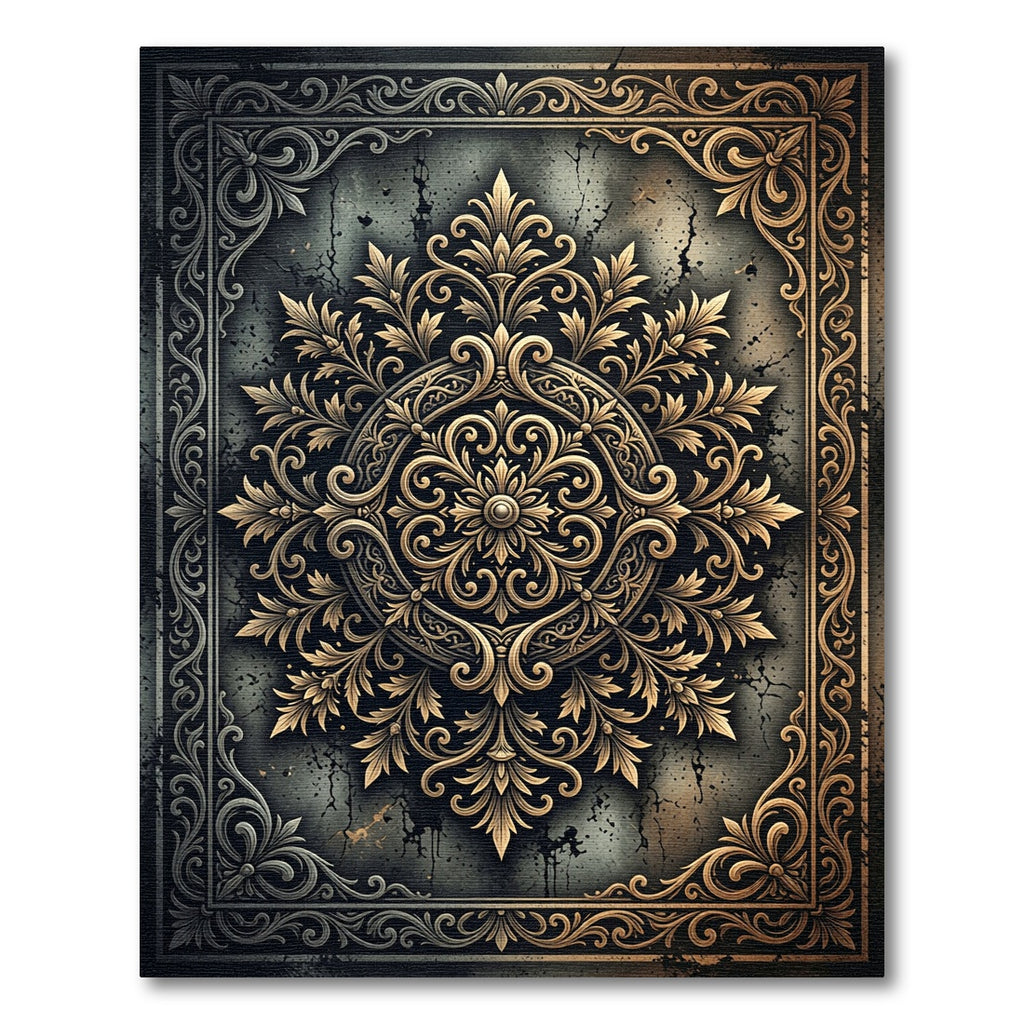 Ornate Golden Floral Damask Medallion Rug