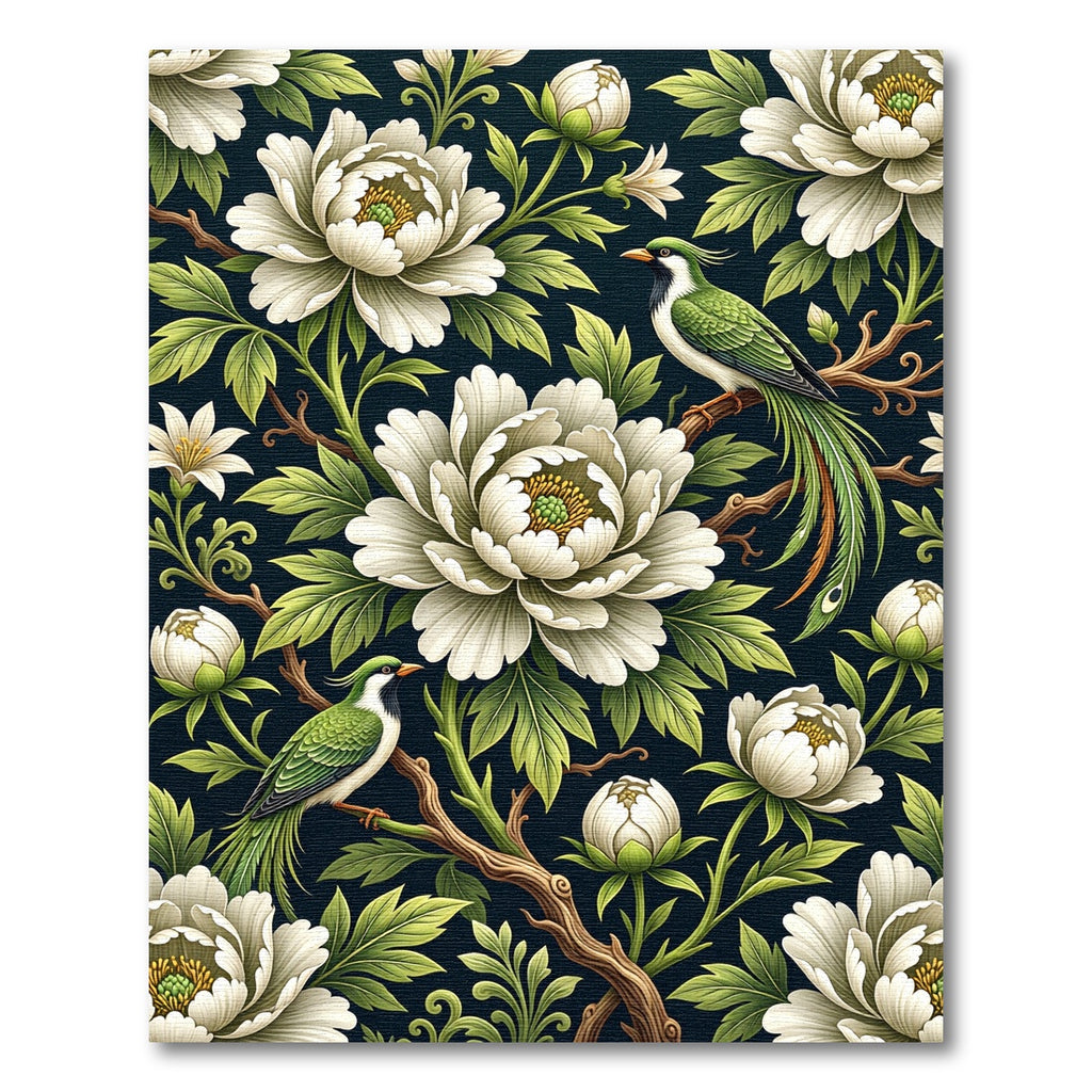 Elegant White Peony Green Bird Tapestry Rug
