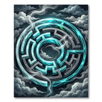 Glowing Azure Nebula Circular Labyrinth Rug