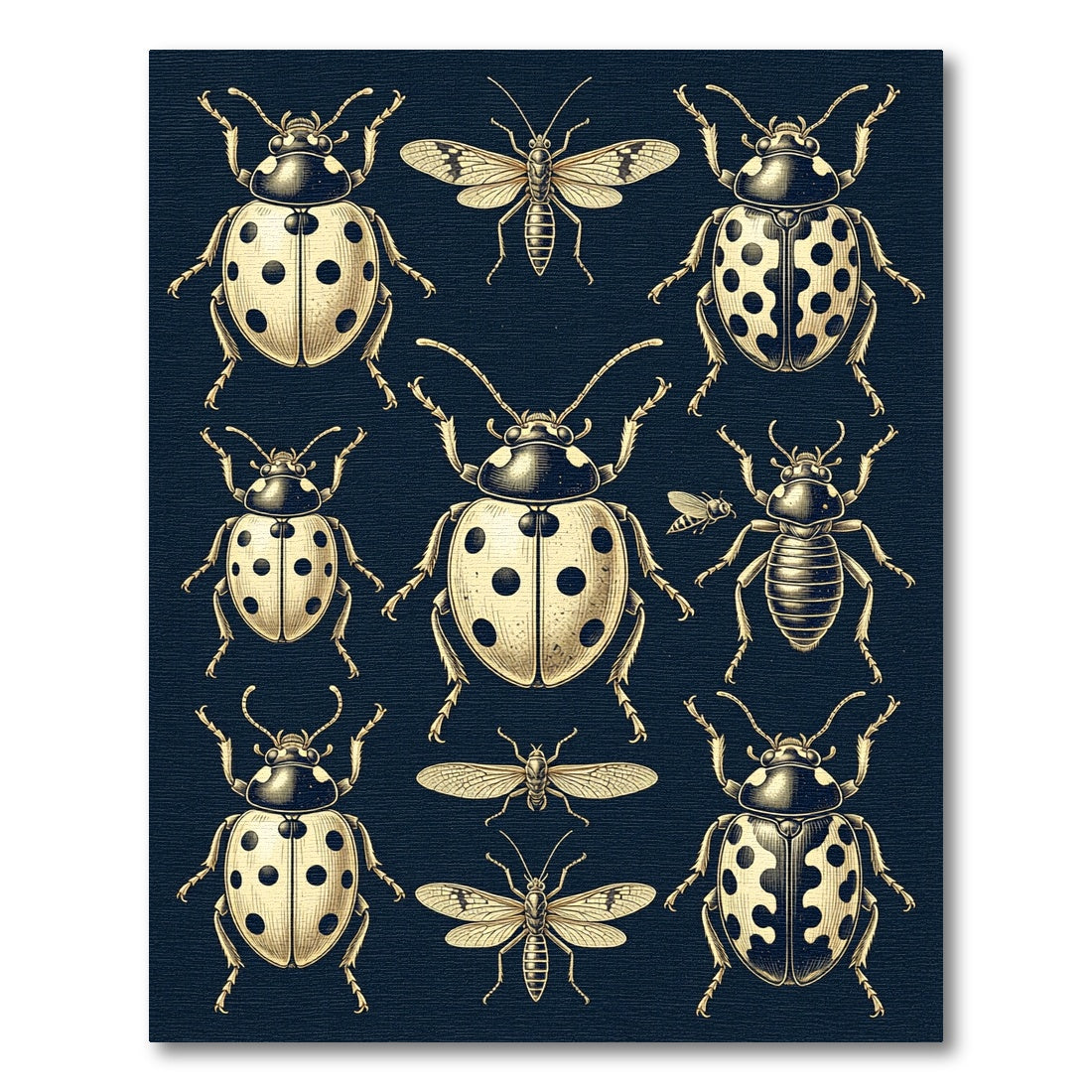 Gold Ladybug Entomological Cream Navy Illustration Rug
