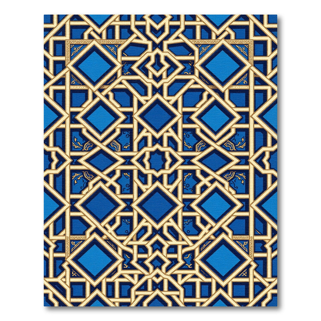 Geometric Blue and Gold Lattice Rug