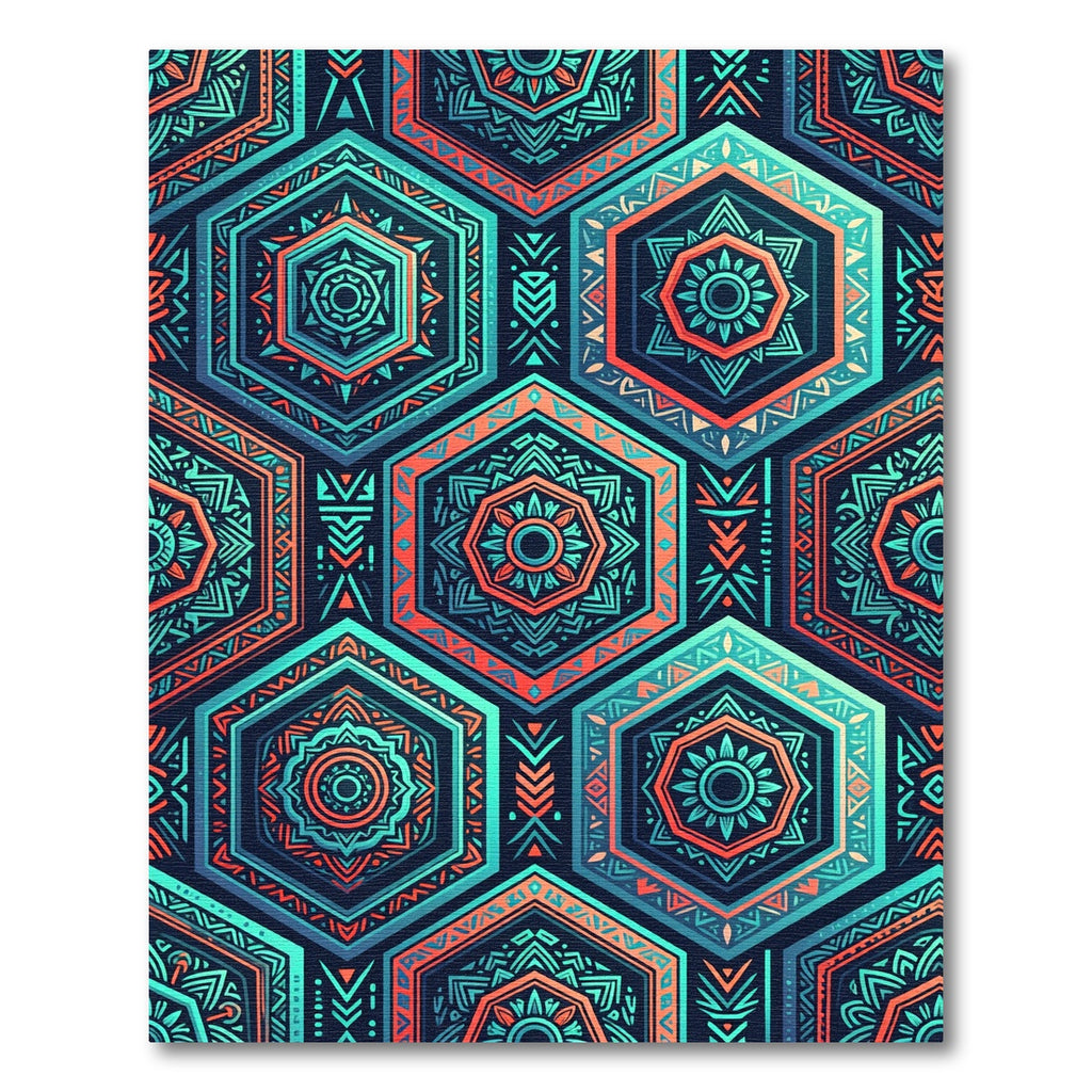 Teal Coral Geometric Hexagon Medallion Rug