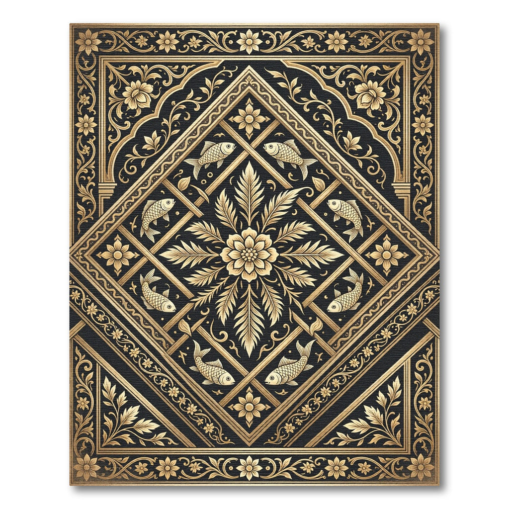 Gold Floral Koi Geometric Slate Rug