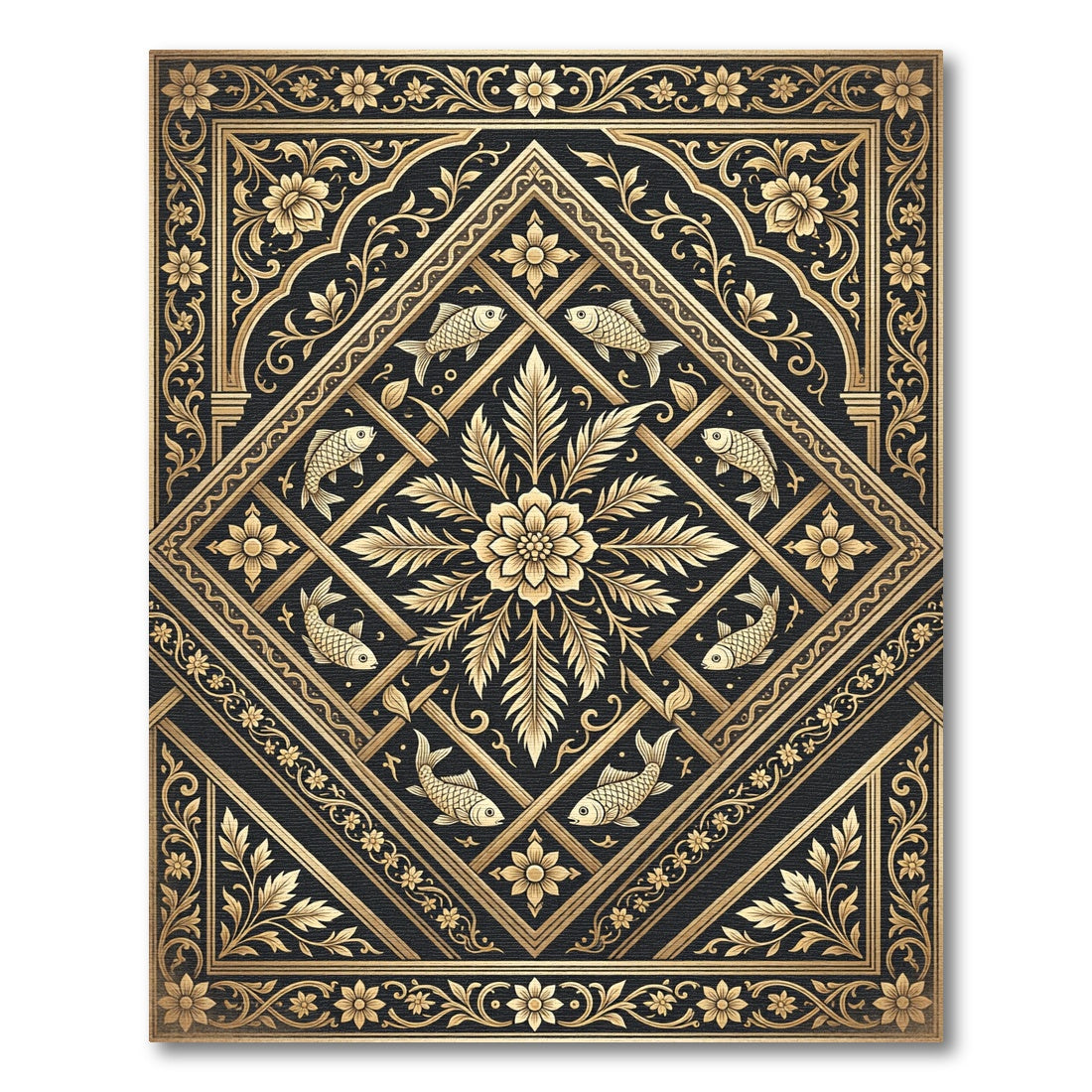 Gold Floral Koi Geometric Slate Rug