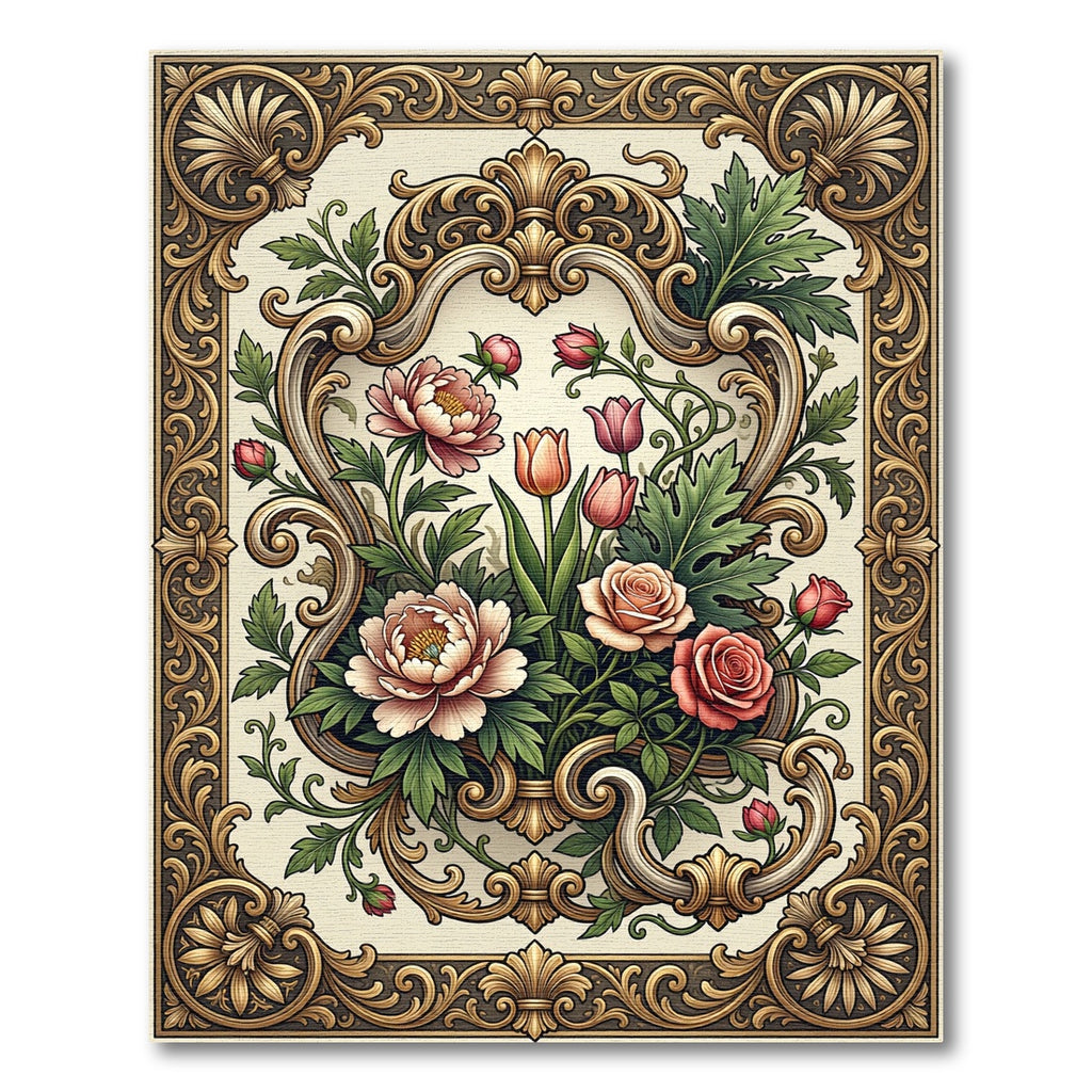 Ornate Golden Floral Baroque Bouquet Rug