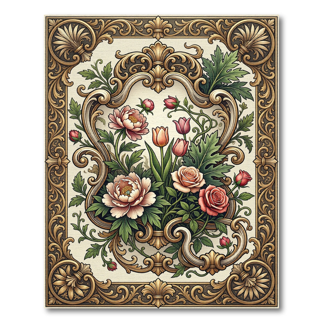 Ornate Golden Floral Baroque Bouquet Rug
