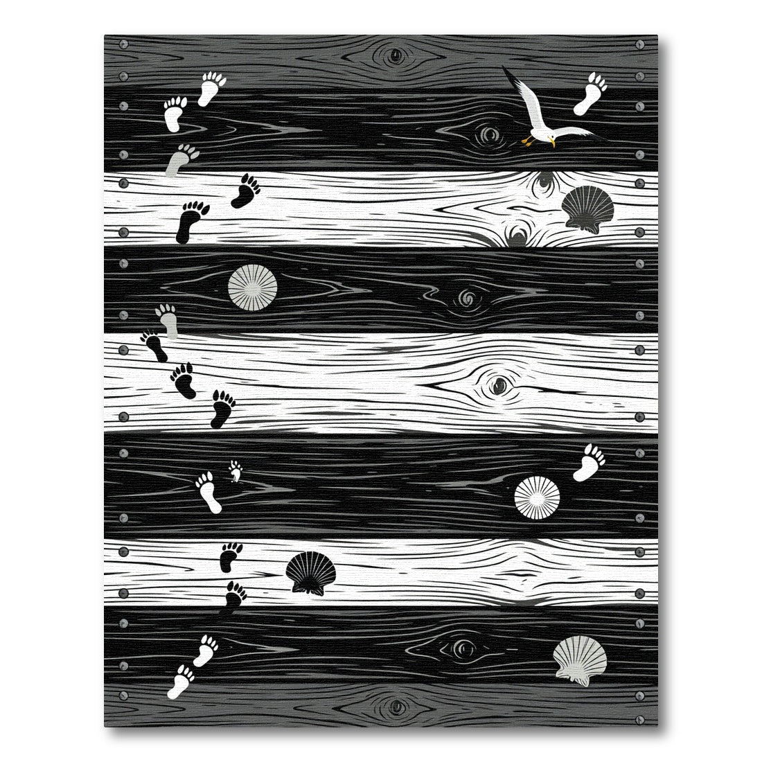 Monochromatic Coastal Plank Seaside Footprints Rug