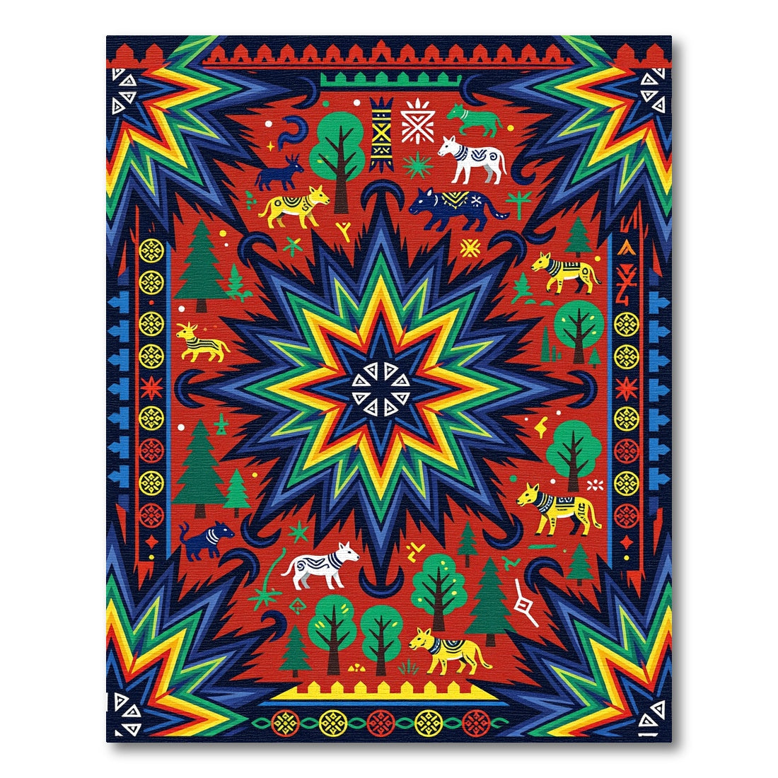 Vibrant Geometric Star Animal Forest Area Rug