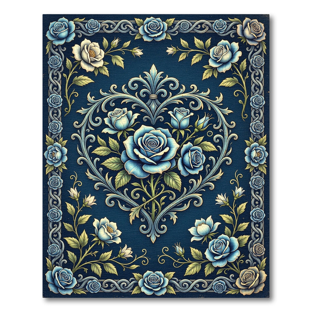 Deep Blue Victorian Rose Heart Rug