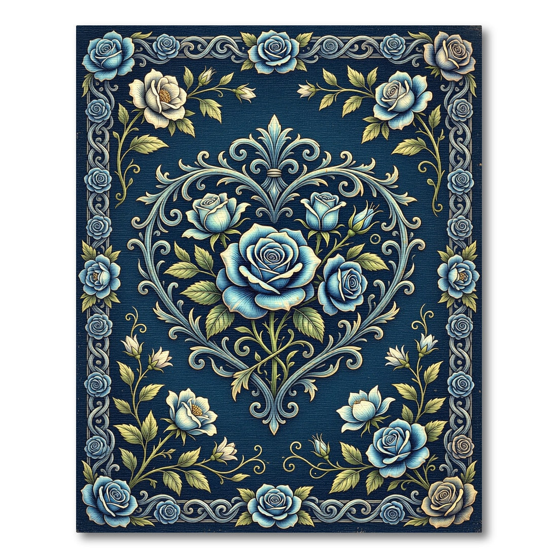 Deep Blue Victorian Rose Heart Rug