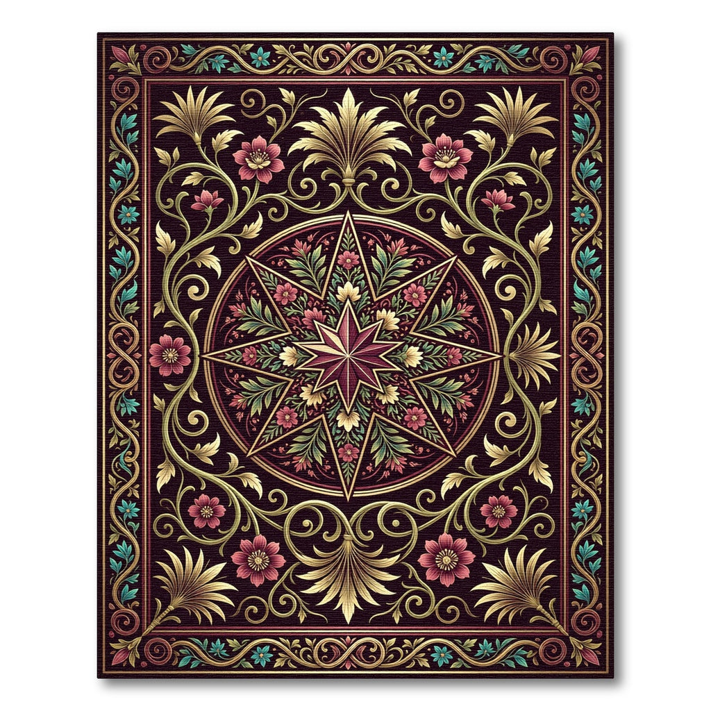 Crimson Starburst Floral Scrollwork Rug
