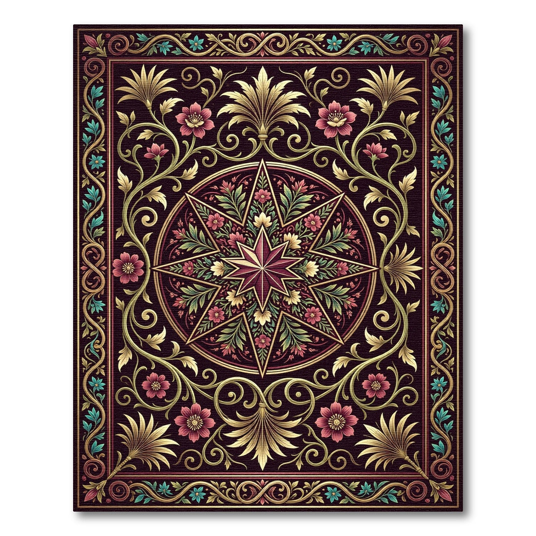 Crimson Starburst Floral Scrollwork Rug