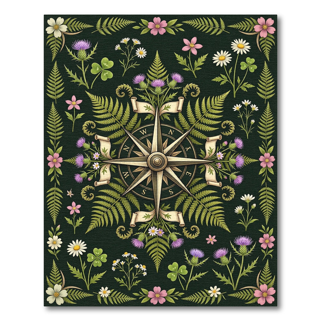 Dark Green Botanical Compass Flora Rug
