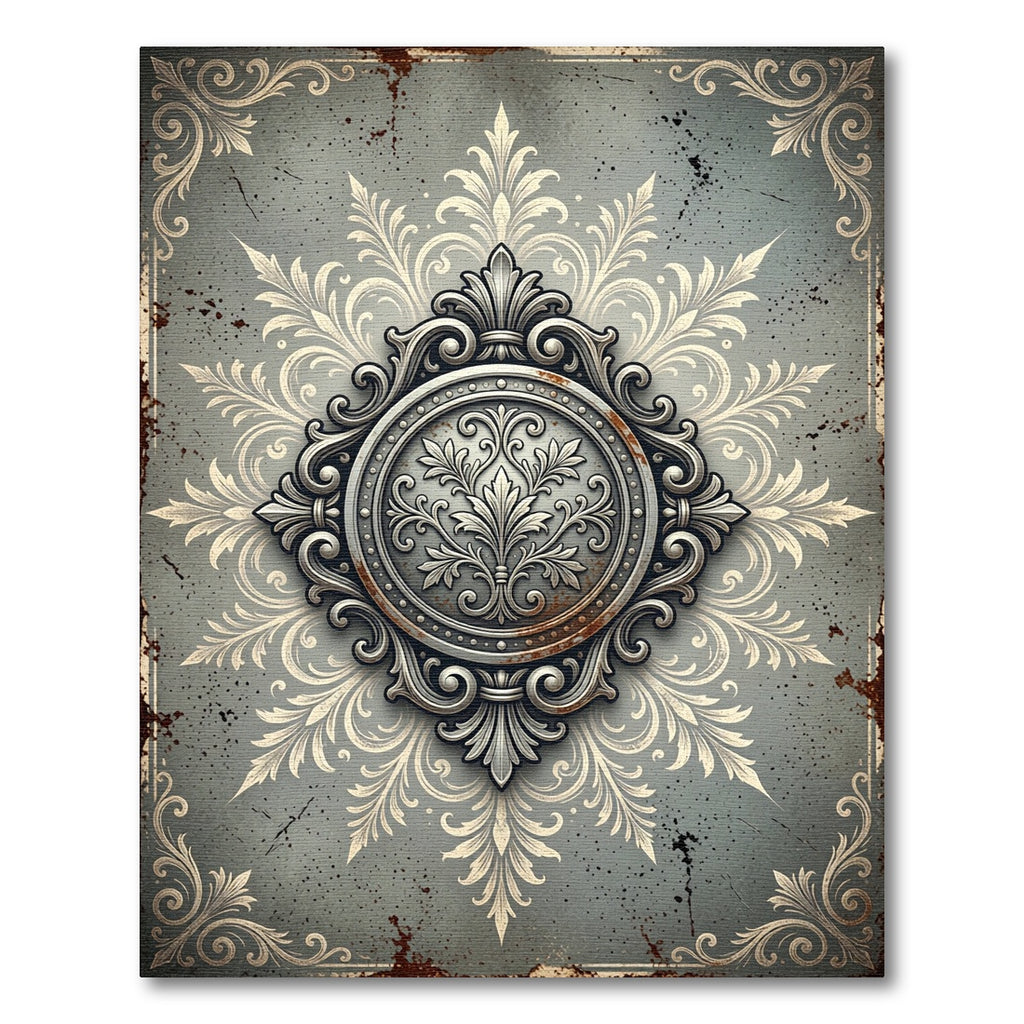 Ornate Silver Gray Damask Medallion Rug