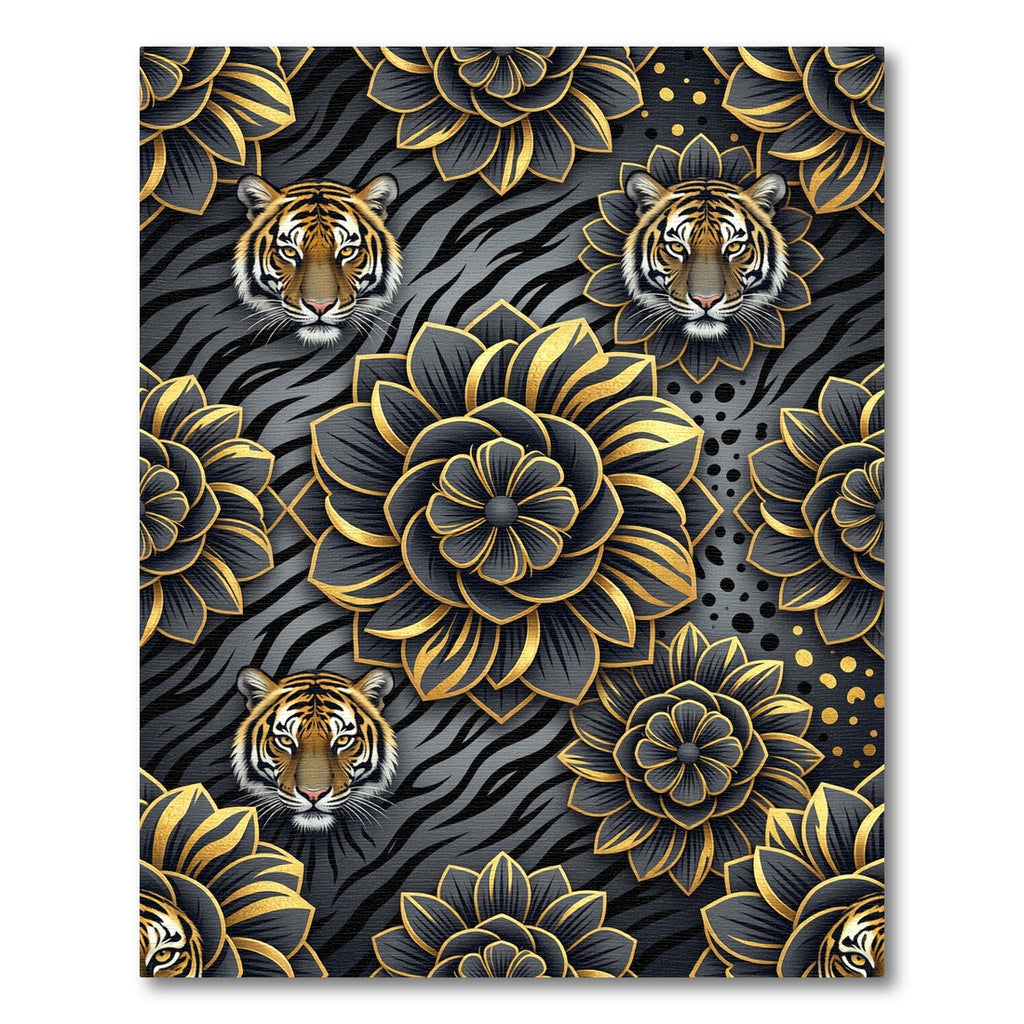 Golden Tiger and Black Floral Medallion Rug