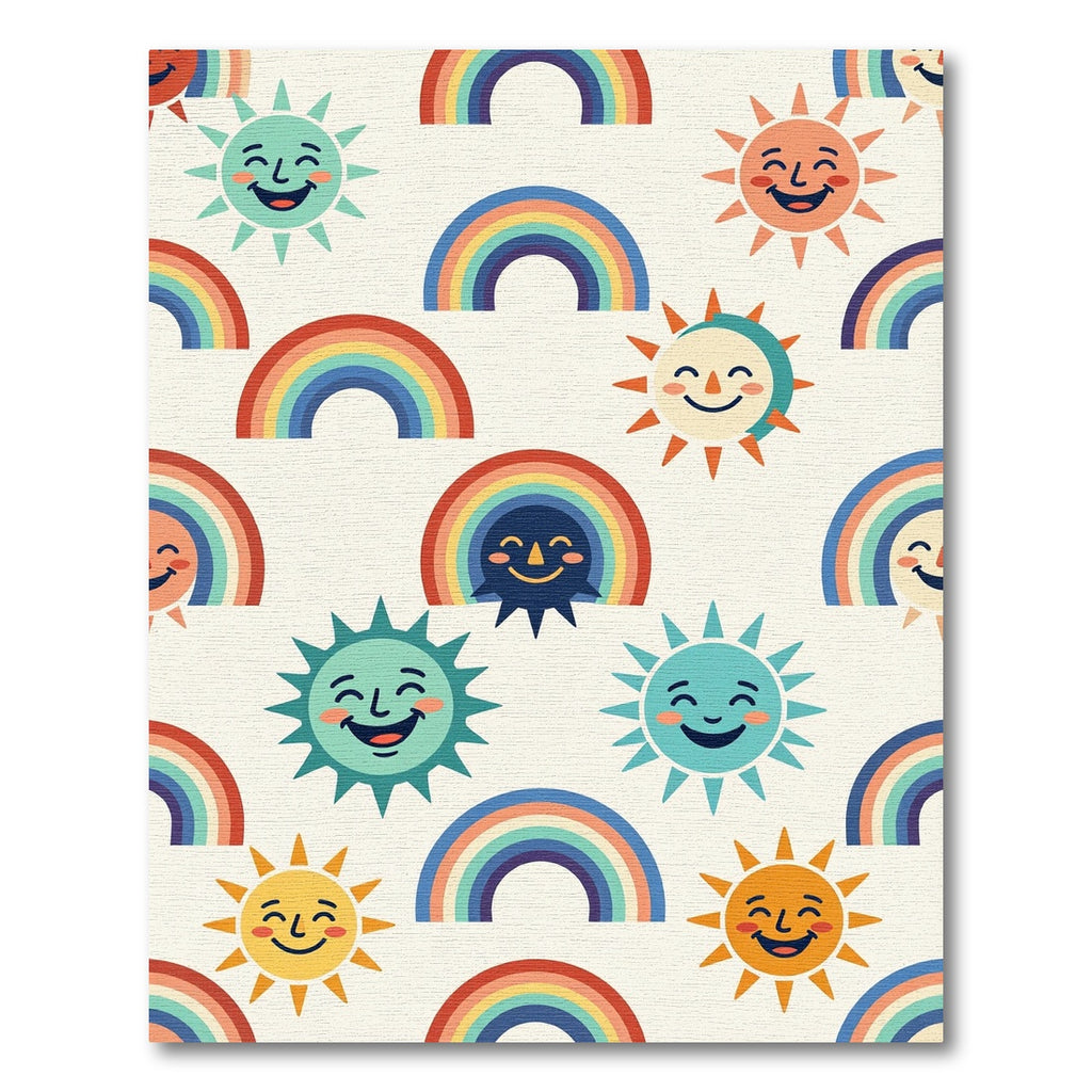 Whimsical Retro Sun Rainbow Nursery Illustration Rug