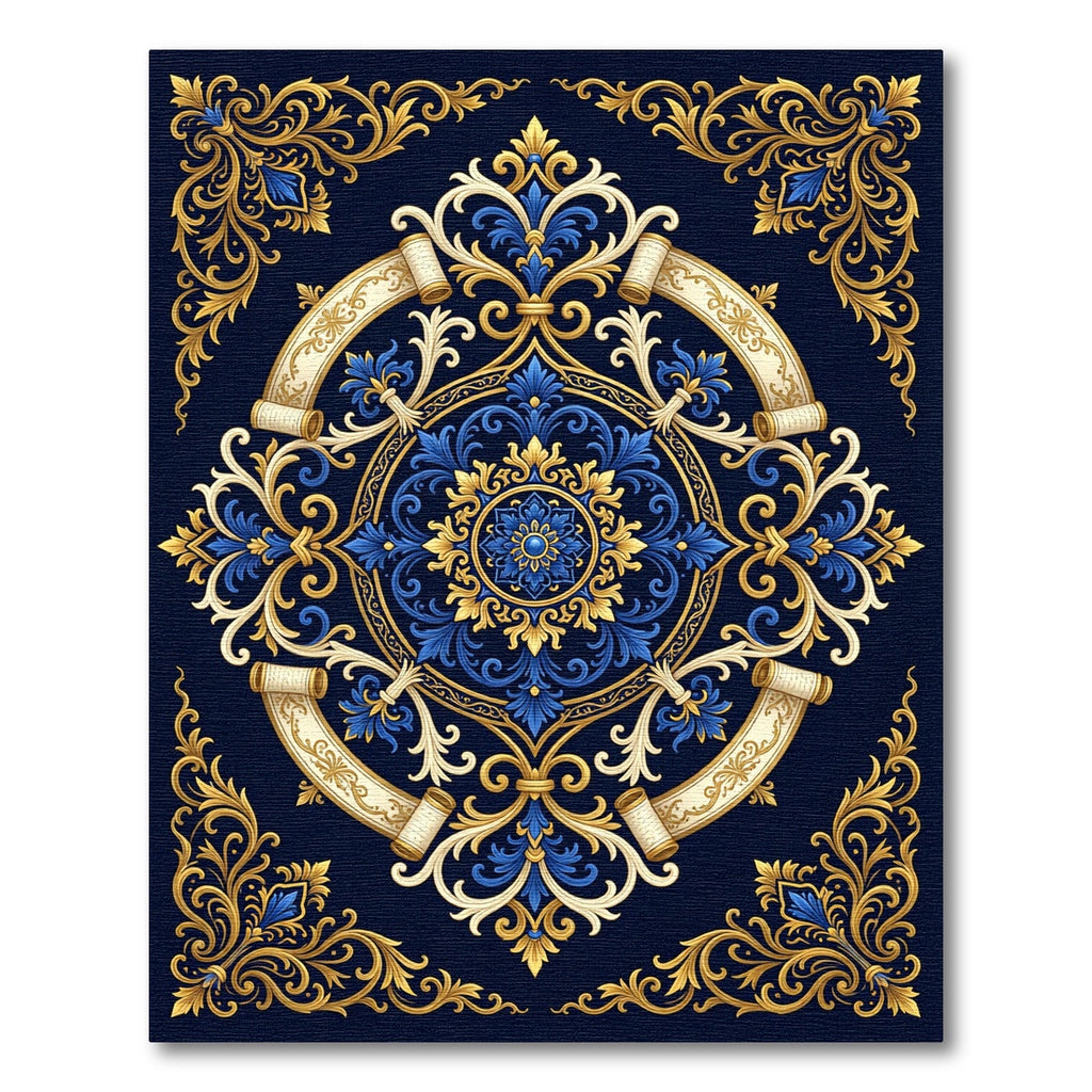 Royal Navy Blue Golden Baroque Scroll Rug