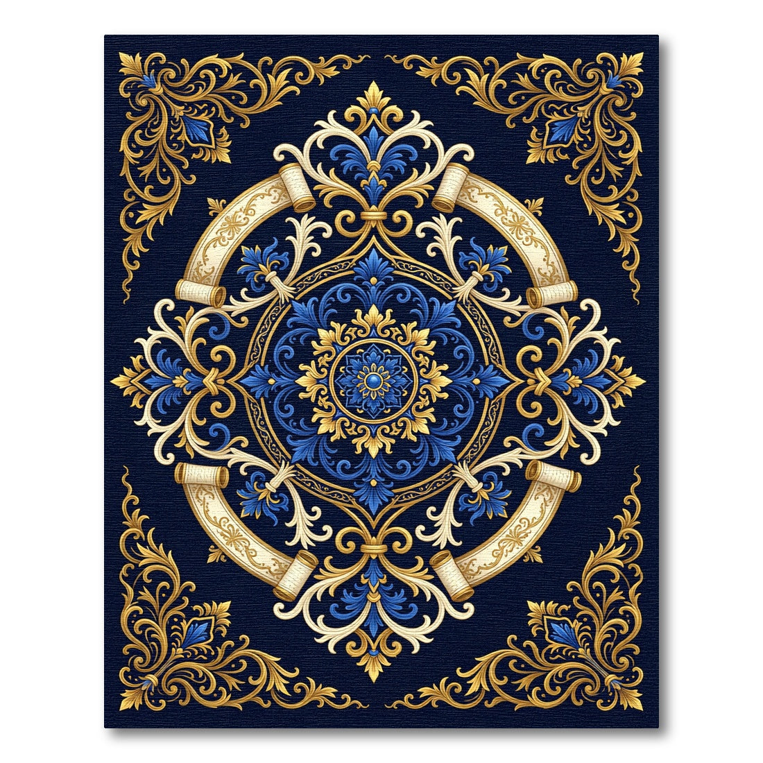 Royal Navy Blue Golden Baroque Scroll Rug