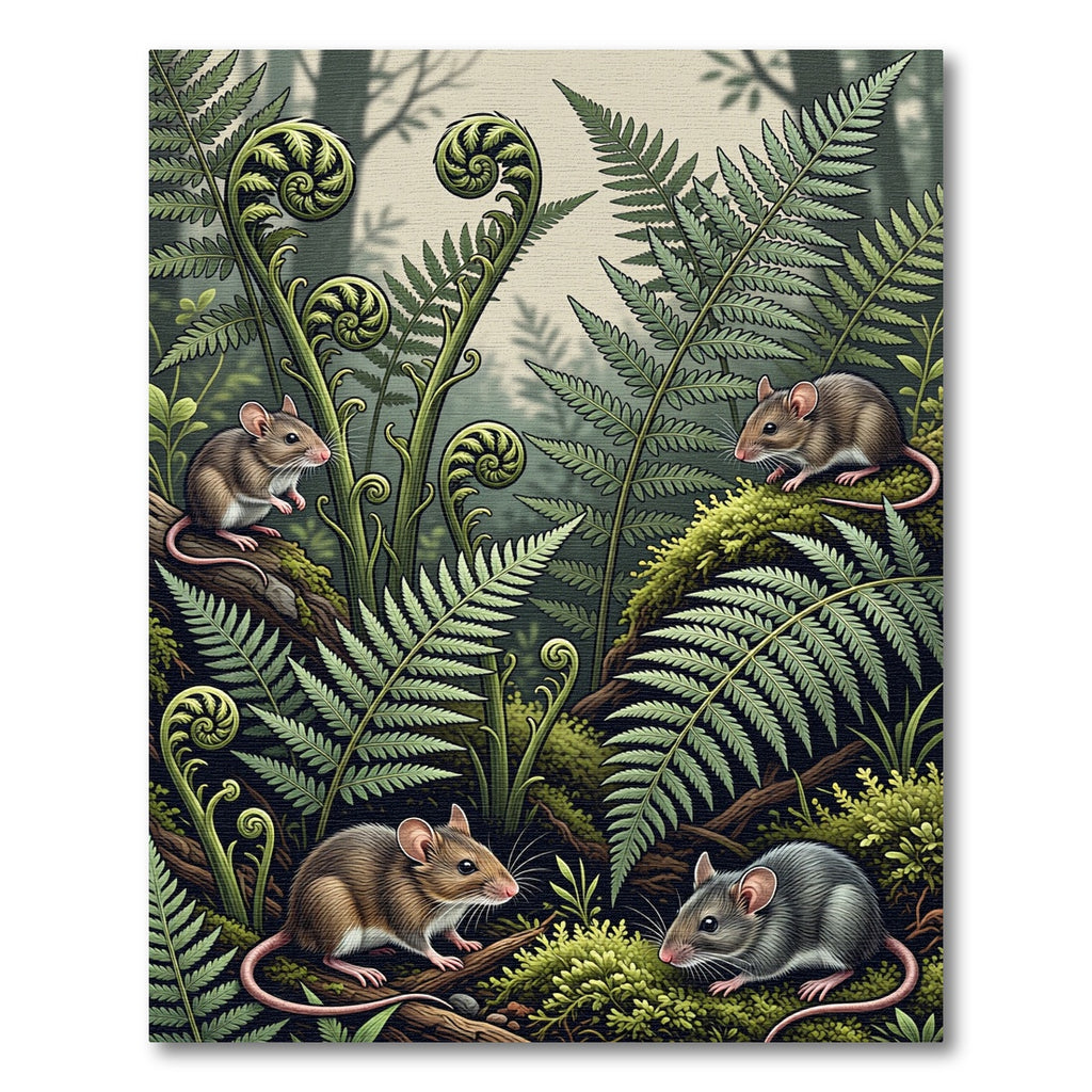 Whimsical Forest Mice with Fern Fronds Rug