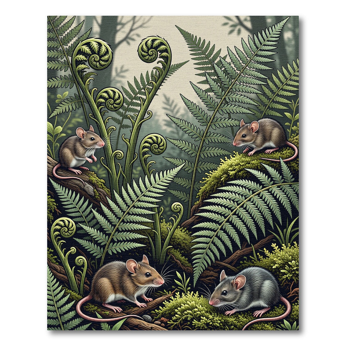 Whimsical Forest Mice with Fern Fronds Rug