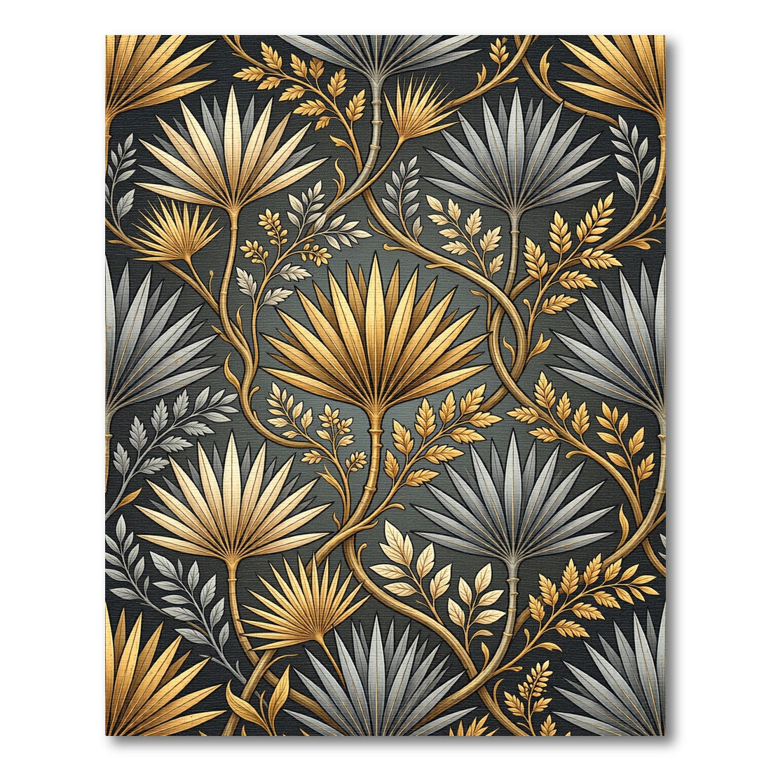 Opulent Gold Silver Palm Leaf Art Nouveau Rug