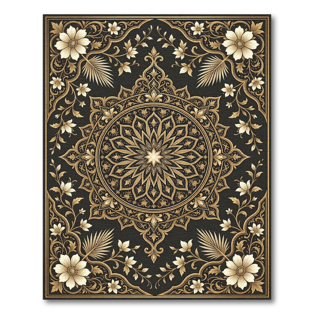 Elegant Golden Floral Medallion Black Rug