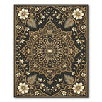 Elegant Golden Floral Medallion Black Rug