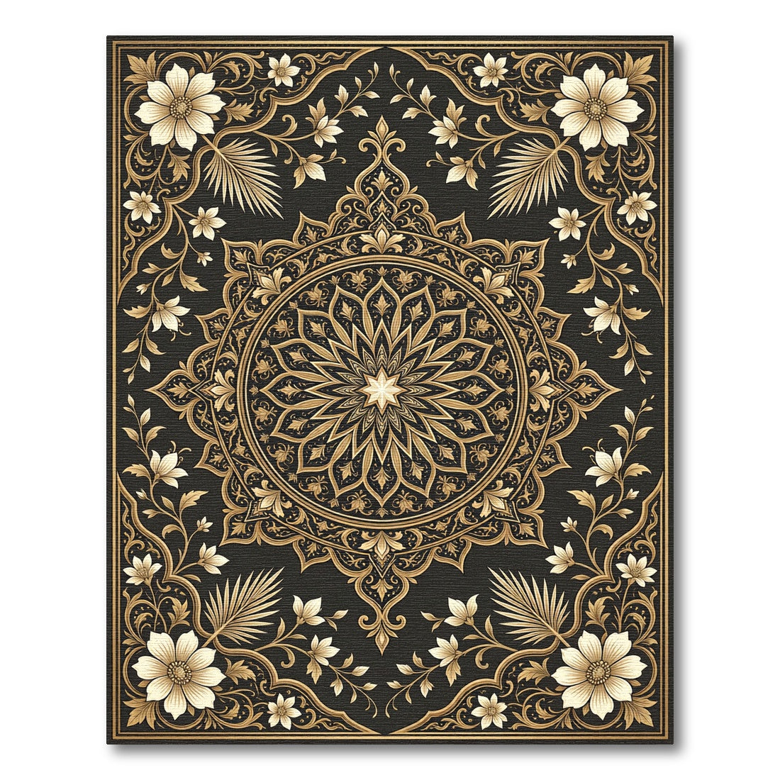 Elegant Golden Floral Medallion Black Rug