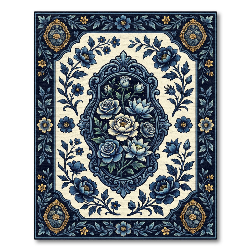 Elegant Navy Floral Bouquet Medallion Rug