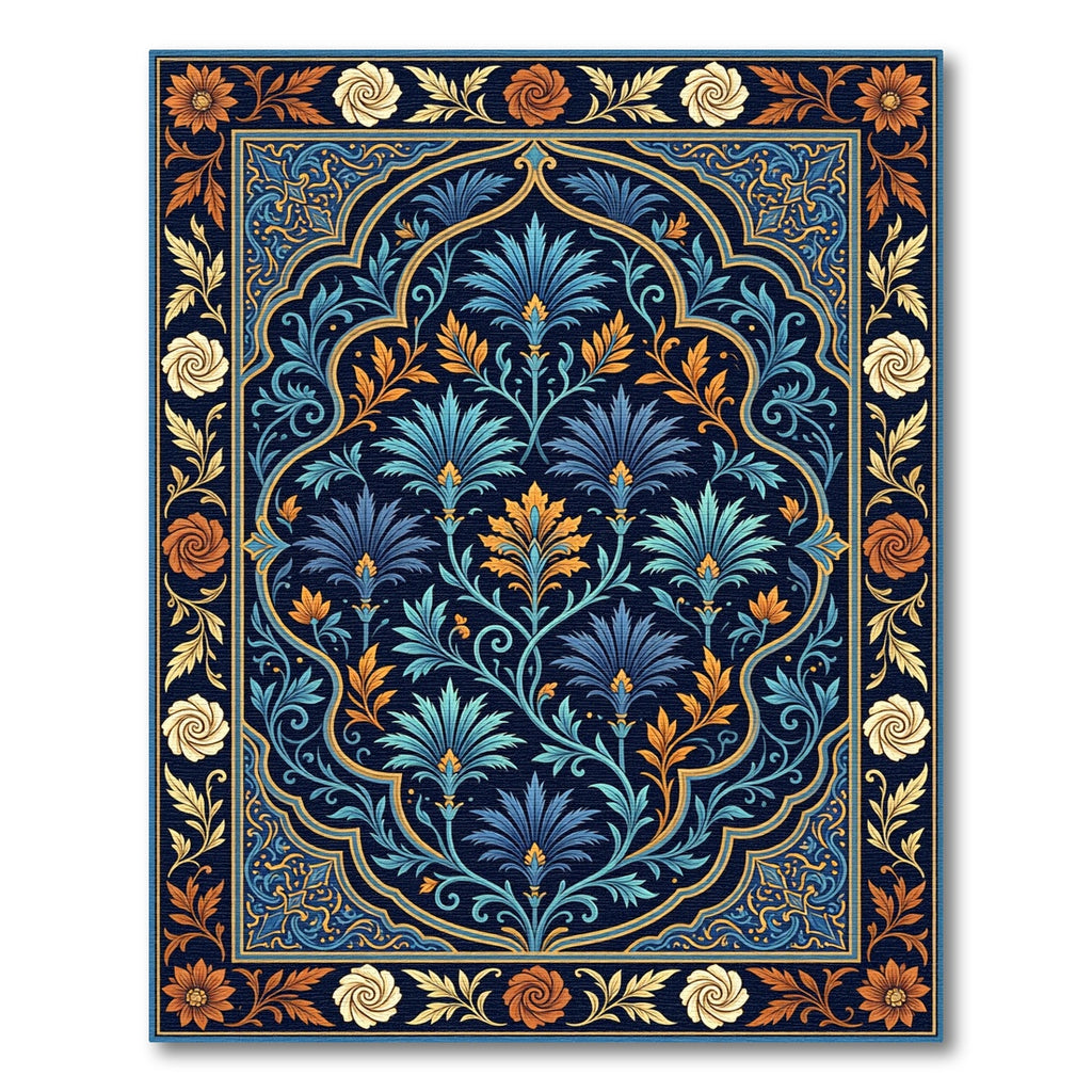 Ornate Blue Golden Floral Arch Rug