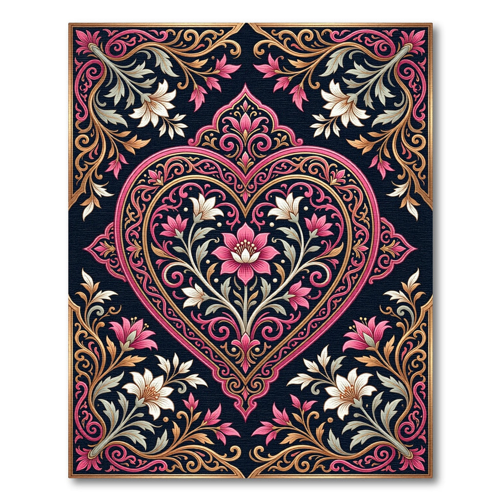 Exquisite Pink Gold Floral Heart Frame Rug