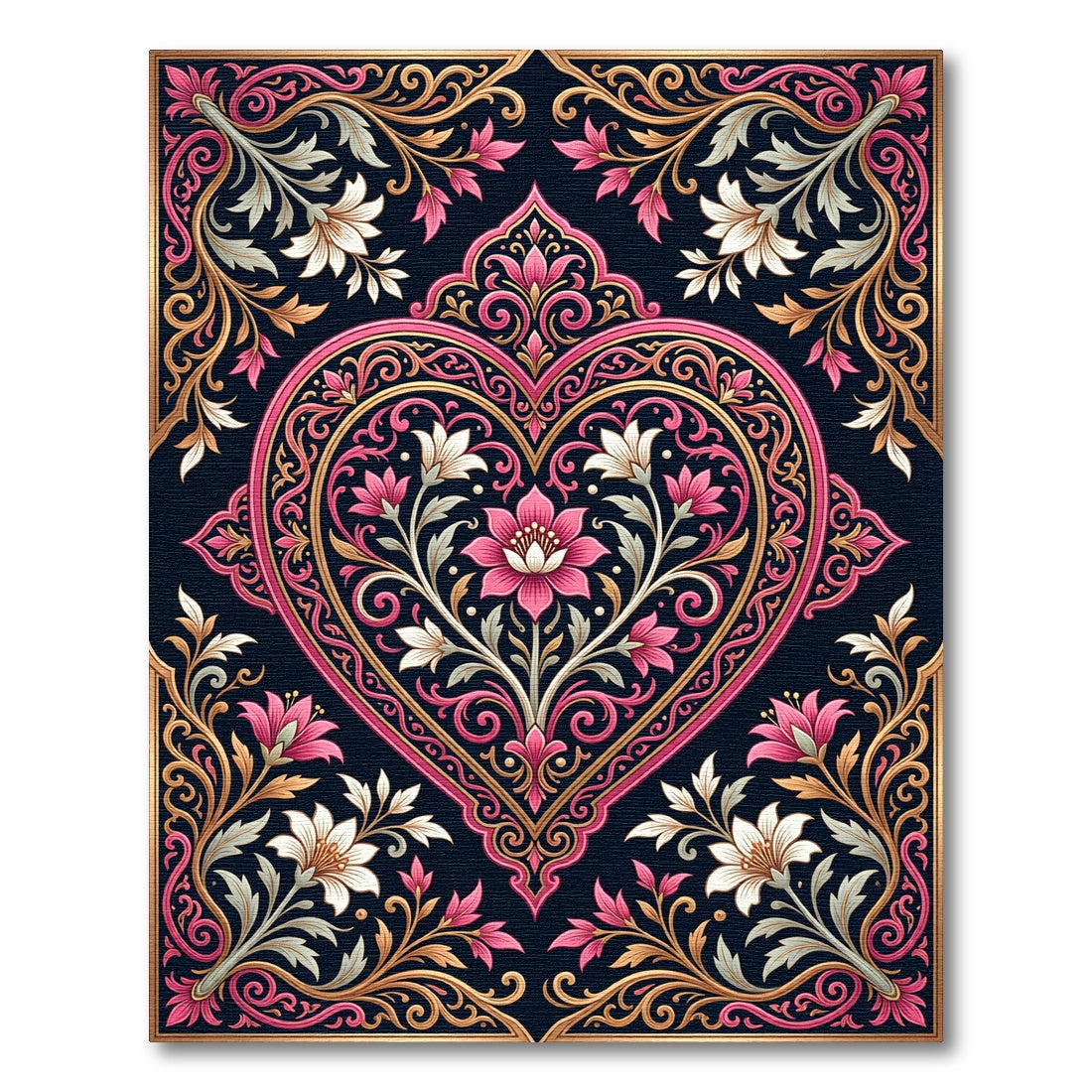 Exquisite Pink Gold Floral Heart Frame Rug